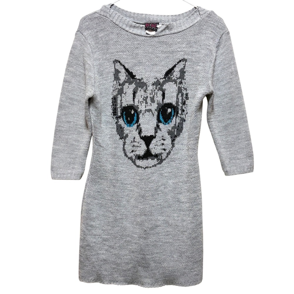 Hot Shot Grey Cat Graphic Knit Sweater Dress 3/4 Sleeve Small Made in USA